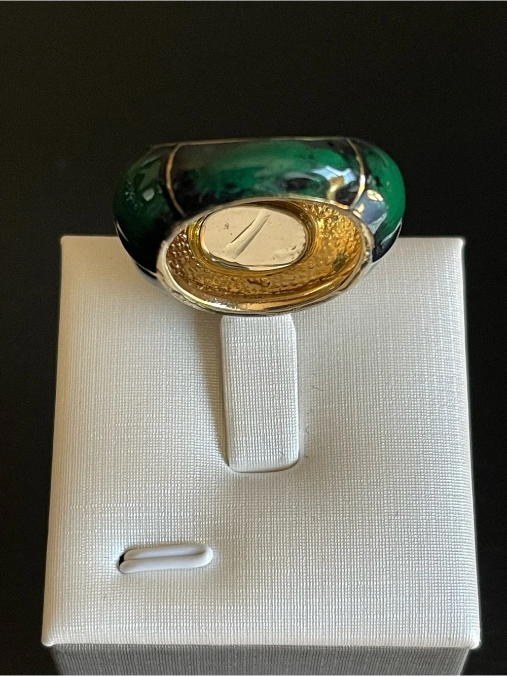 Vintage Green cabochon & green enamel Statement Ring with Crystal Halo.
